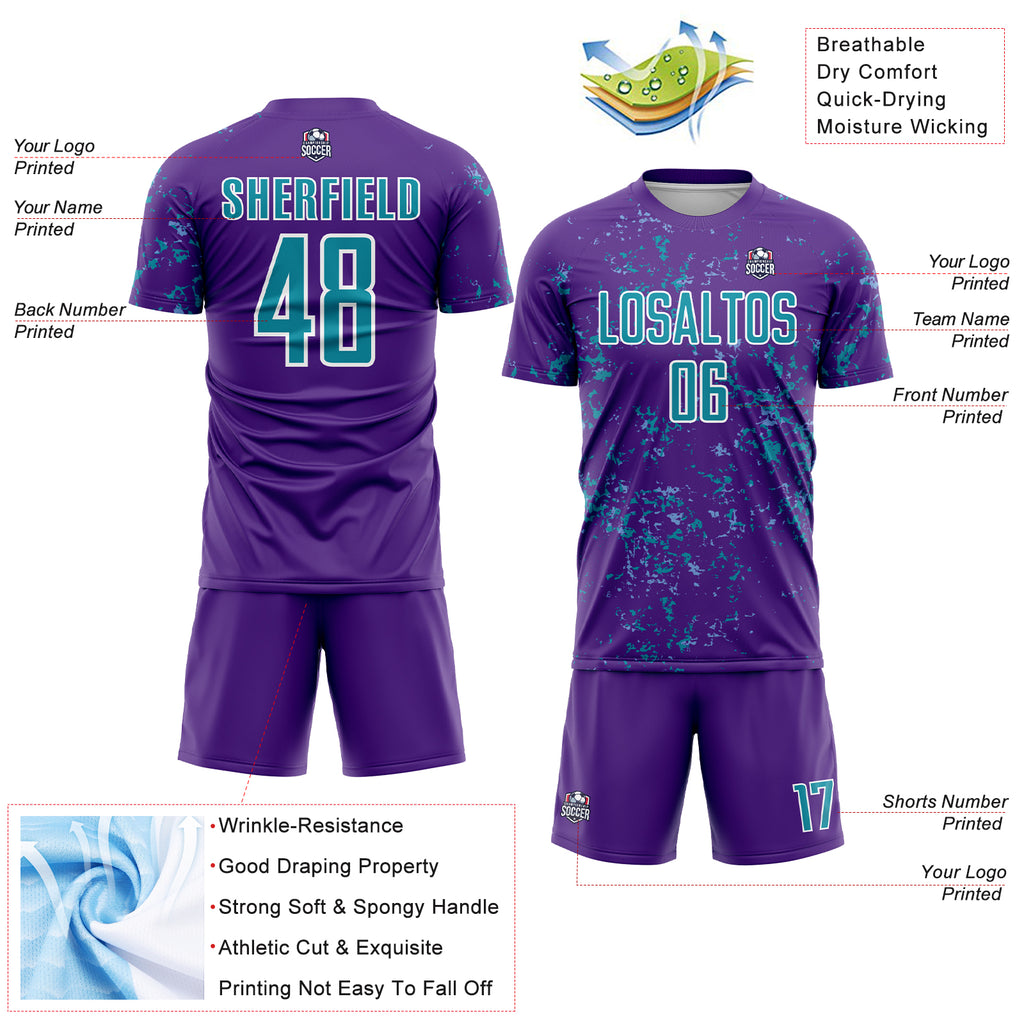 Custom Purple Teal-Light Blue Abstract Fragment Art Sublimation Soccer Uniform Jersey