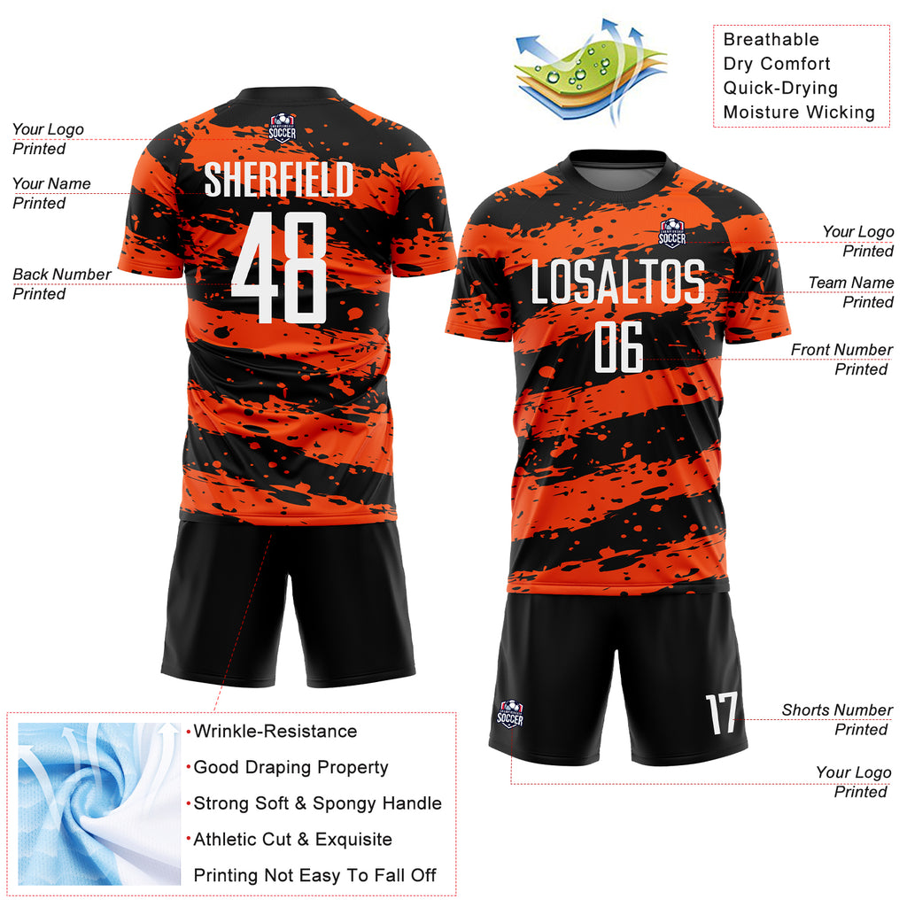 Custom Black White-Orange Splash Sublimation Soccer Uniform Jersey