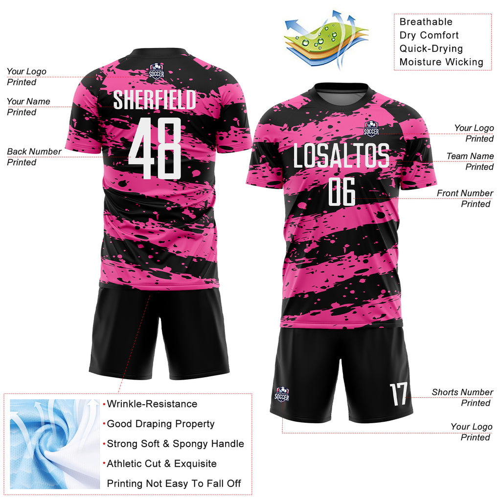 Custom Black White-Pink Splash Sublimation Soccer Uniform Jersey