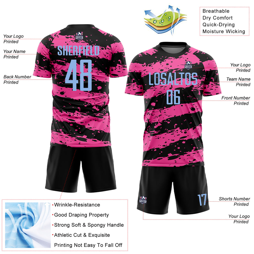 Custom Black Light Blue-Pink Splash Sublimation Soccer Uniform Jersey