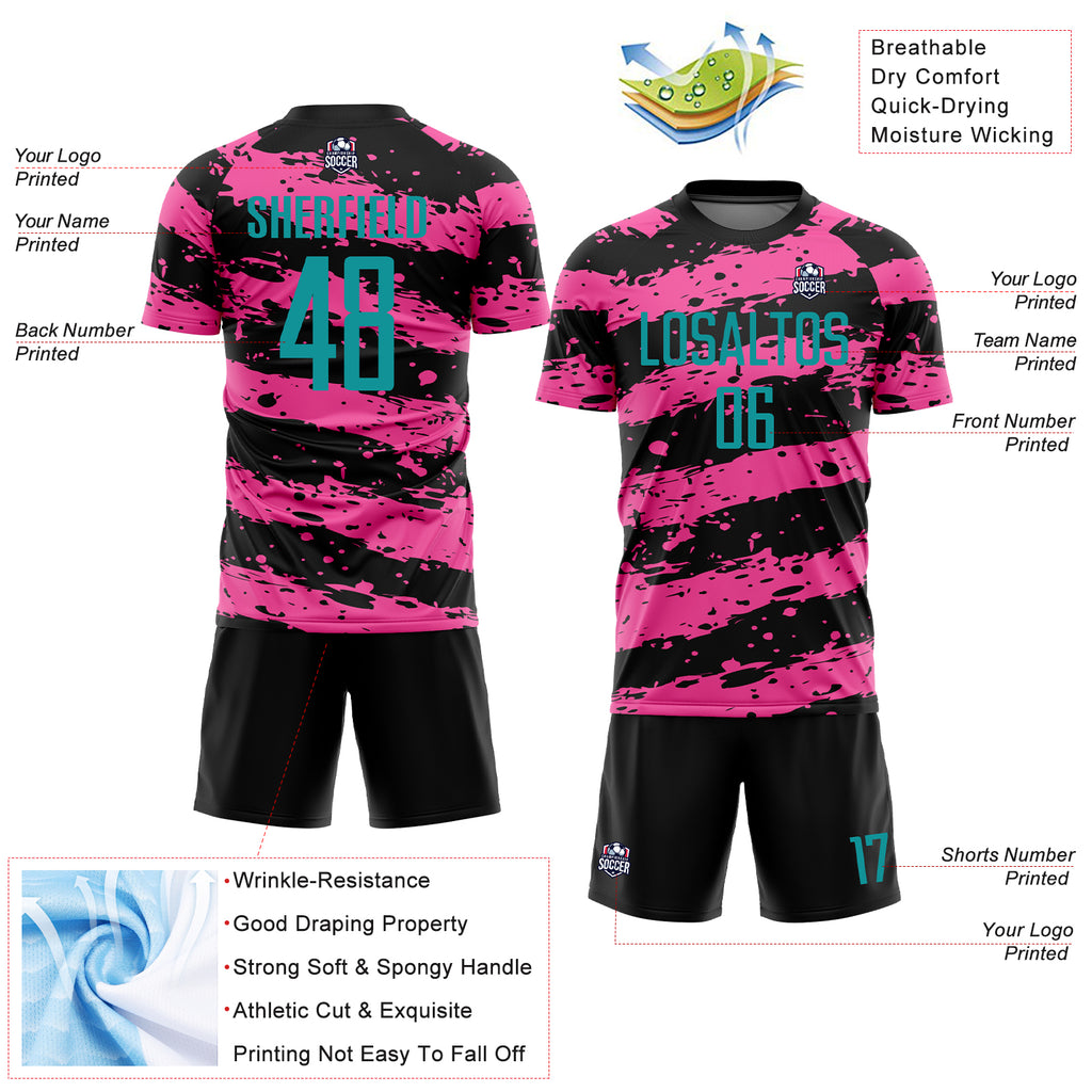 Custom Black Teal-Pink Splash Sublimation Soccer Uniform Jersey