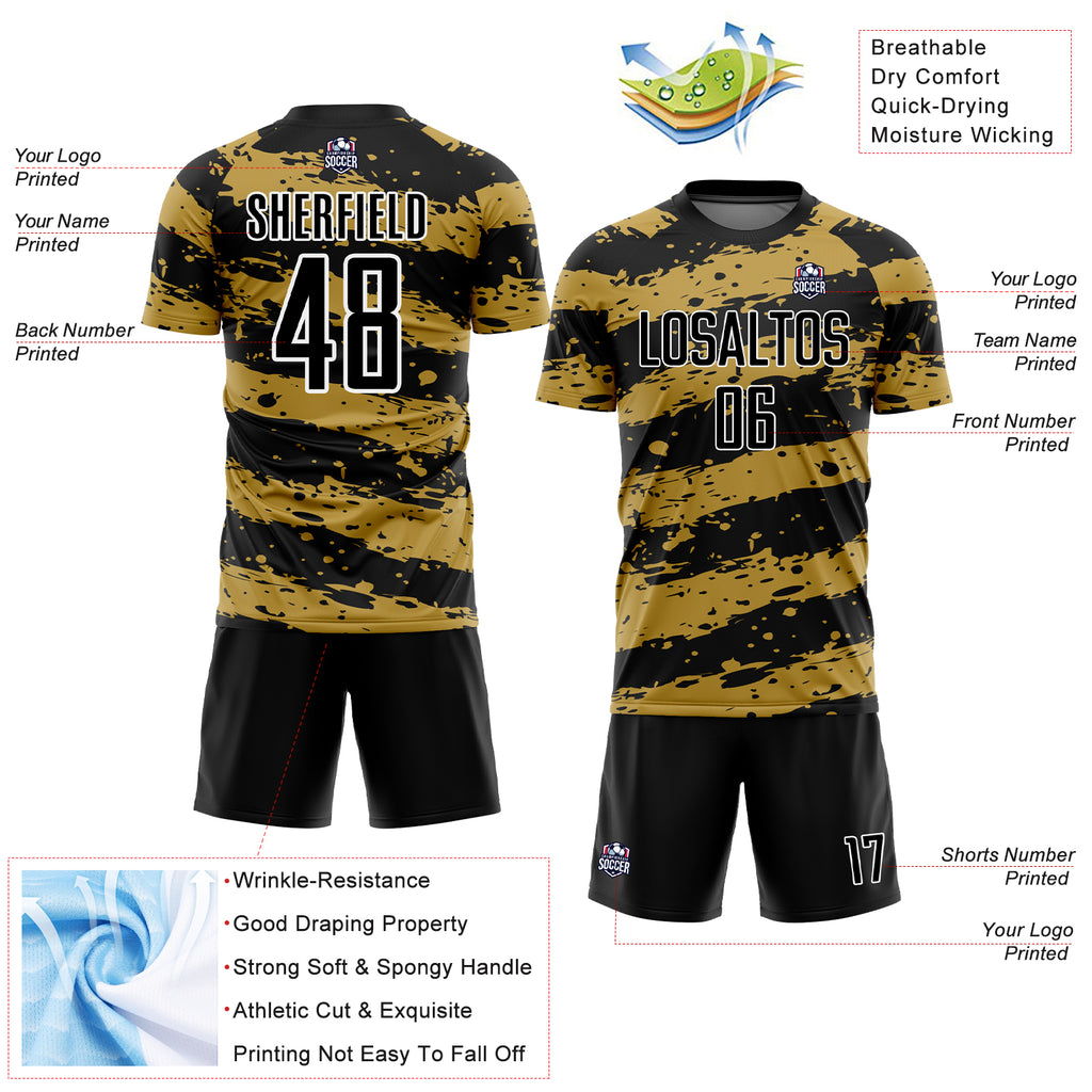 Custom Black Old Gold-White Splash Sublimation Soccer Uniform Jersey