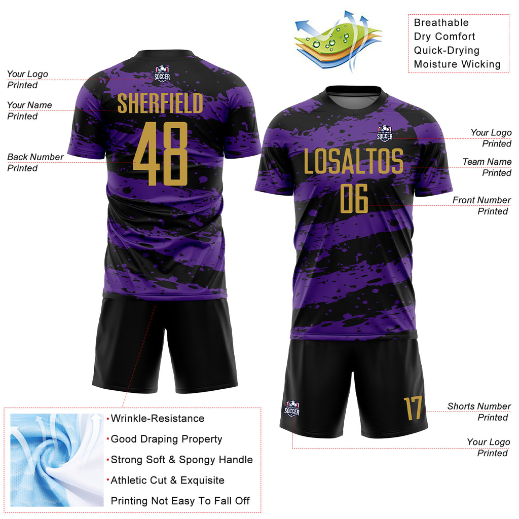 Custom Black Old Gold-Purple Splash Sublimation Soccer Uniform Jersey