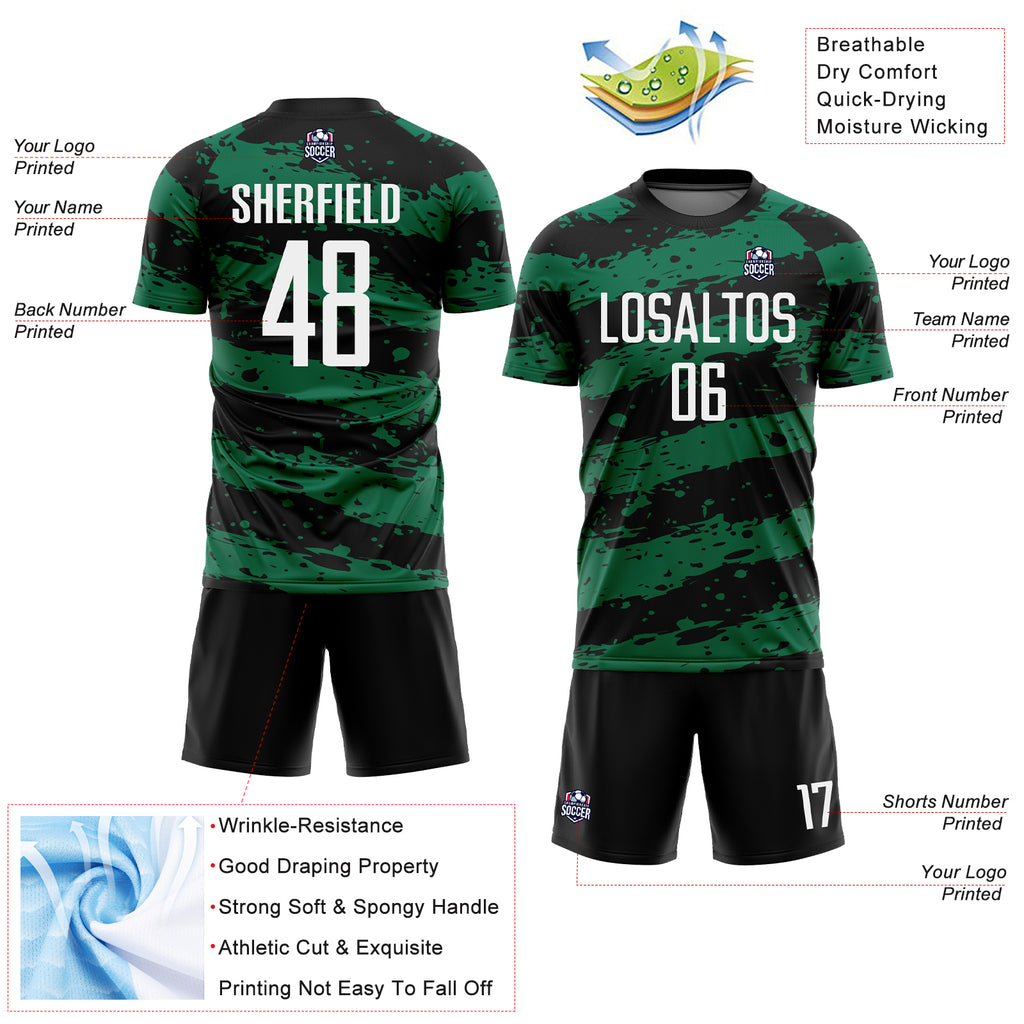 Custom Black White-Kelly Green Splash Sublimation Soccer Uniform Jersey