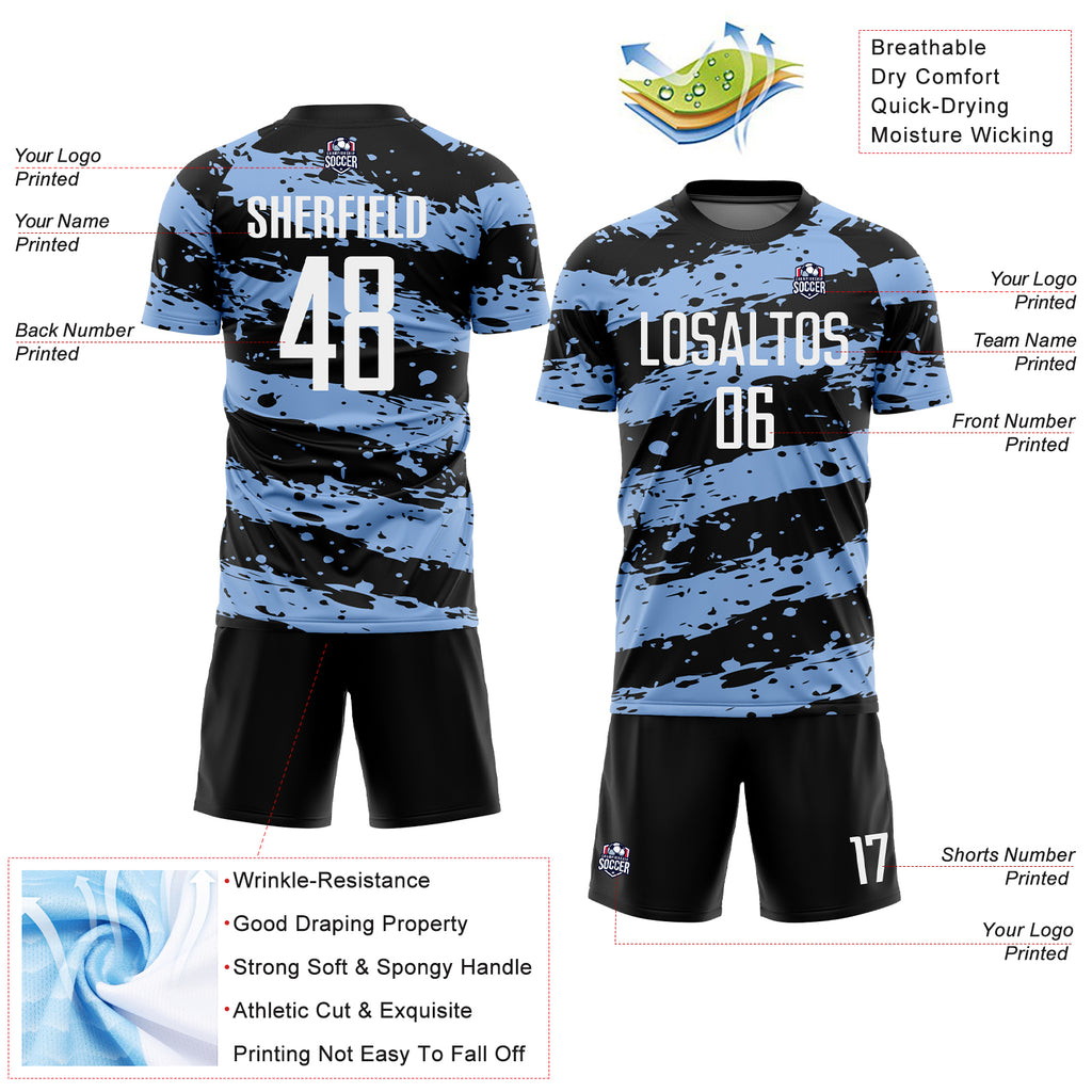 Custom Black White-Light Blue Splash Sublimation Soccer Uniform Jersey