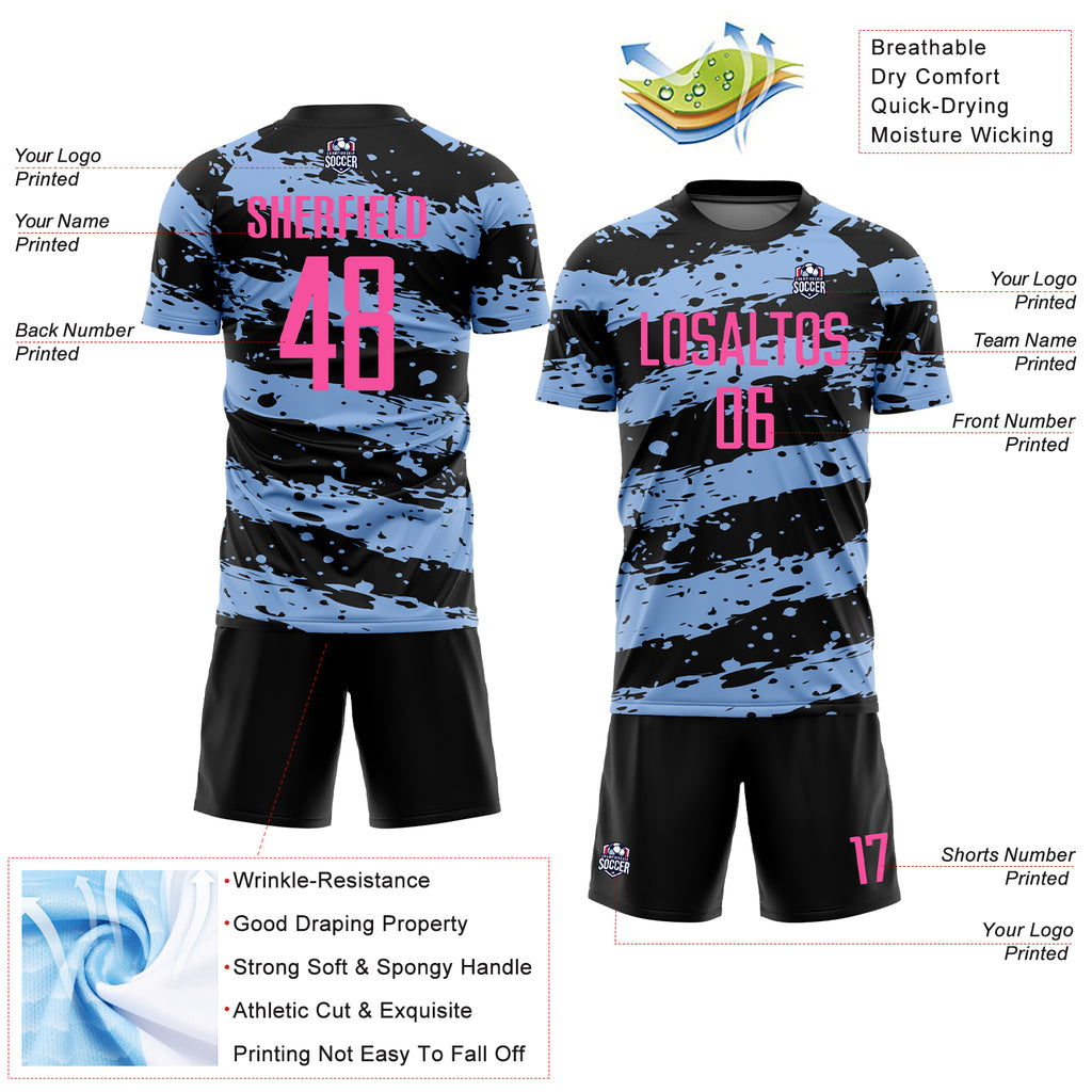 Custom Black Pink-Light Blue Splash Sublimation Soccer Uniform Jersey