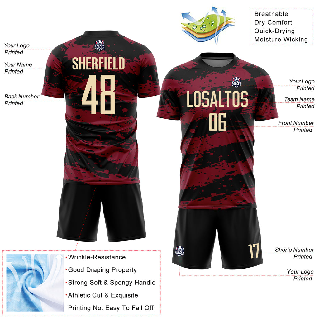 Custom Black Cream-Crimson Splash Sublimation Soccer Uniform Jersey