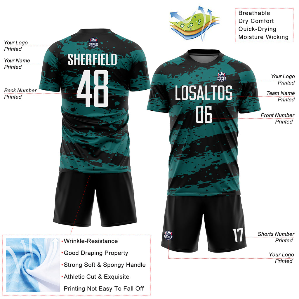 Custom Black White-Teal Splash Sublimation Soccer Uniform Jersey