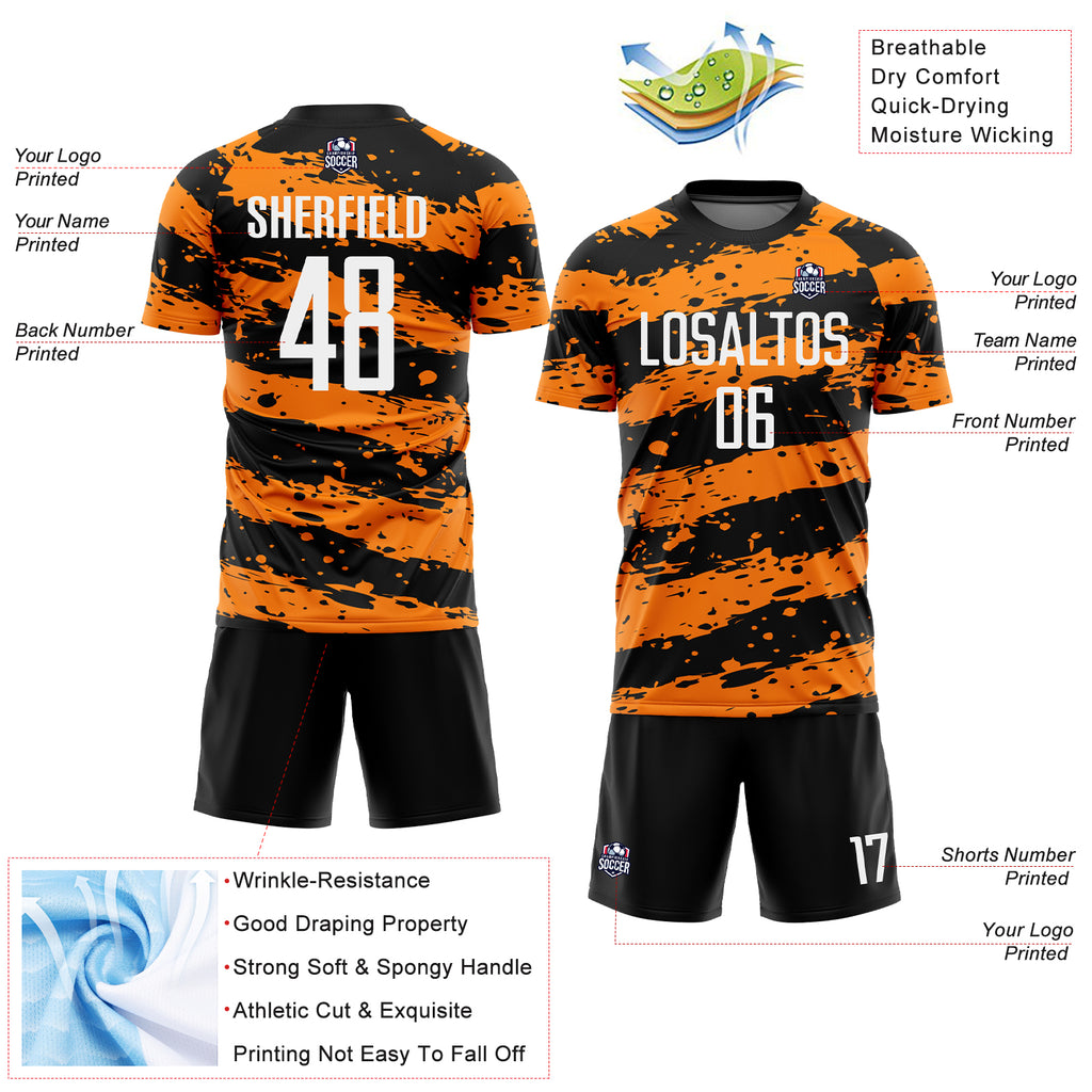 Custom Black White-Bay Orange Splash Sublimation Soccer Uniform Jersey