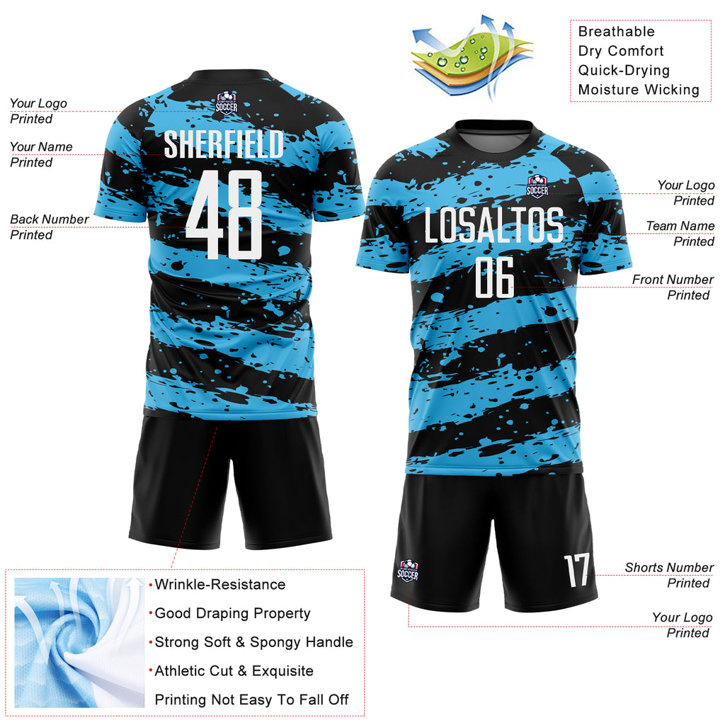 Custom Black White-Sky Blue Splash Sublimation Soccer Uniform Jersey