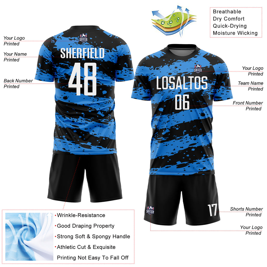 Custom Black White-Powder Blue Splash Sublimation Soccer Uniform Jersey