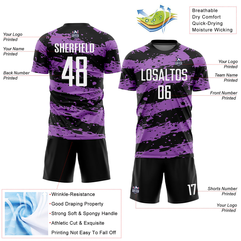 Custom Black White-Medium Purple Splash Sublimation Soccer Uniform Jersey