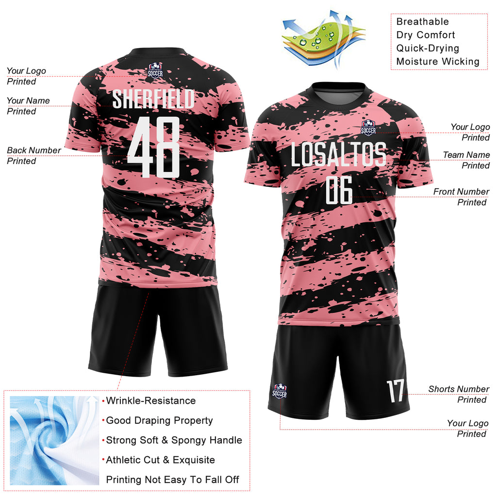 Custom Black White-Medium Pink Splash Sublimation Soccer Uniform Jersey