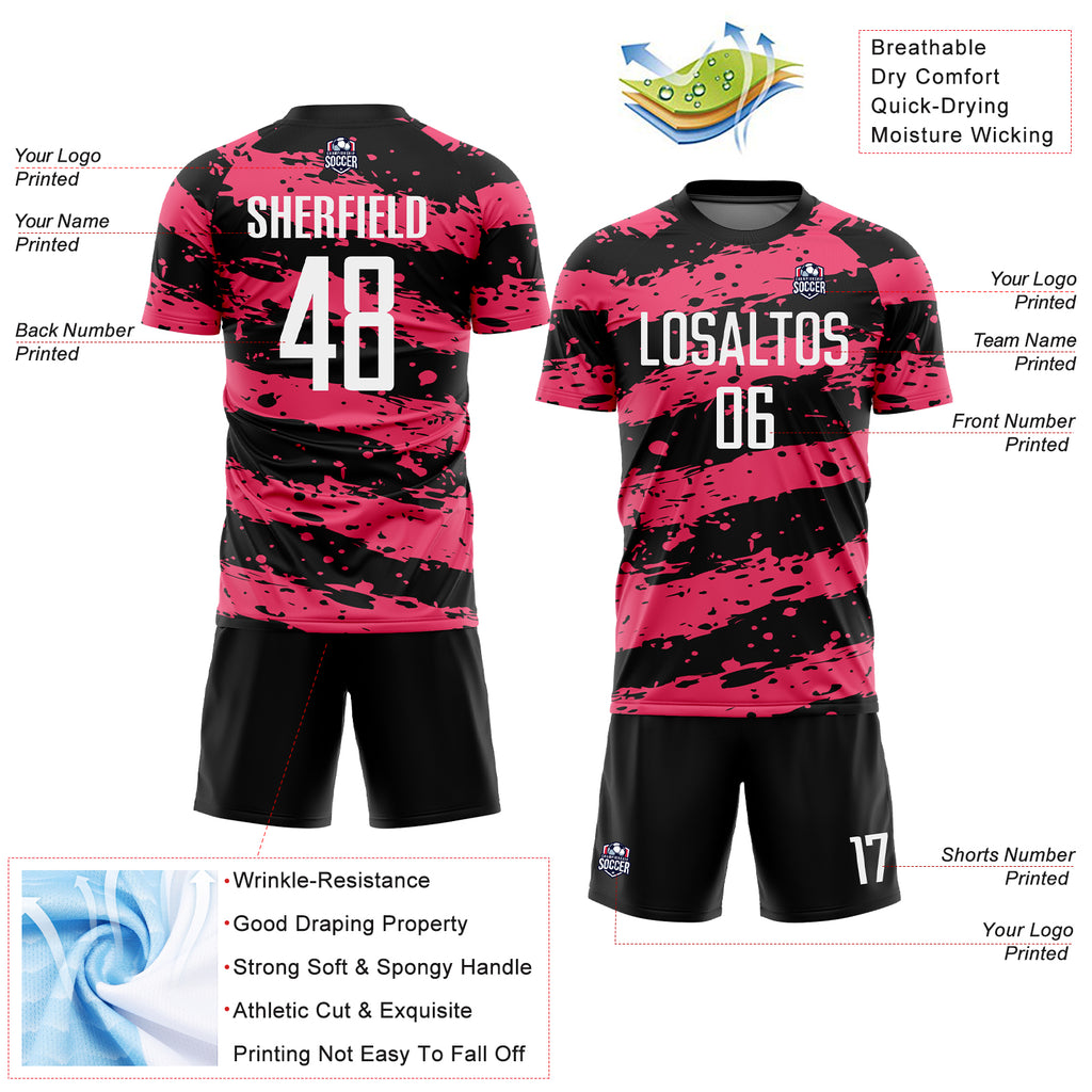 Custom Black White-Neon Pink Splash Sublimation Soccer Uniform Jersey