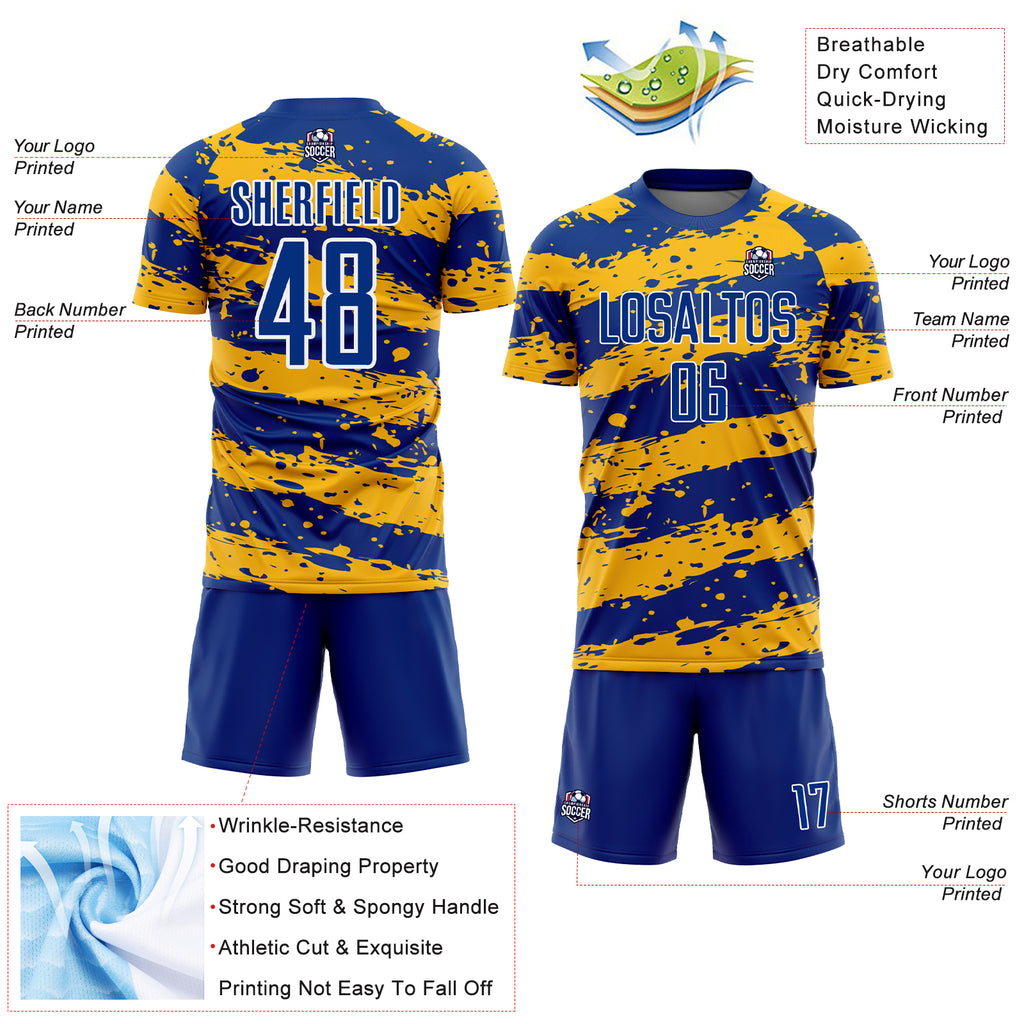 Custom Royal Gold-White Splash Sublimation Soccer Uniform Jersey