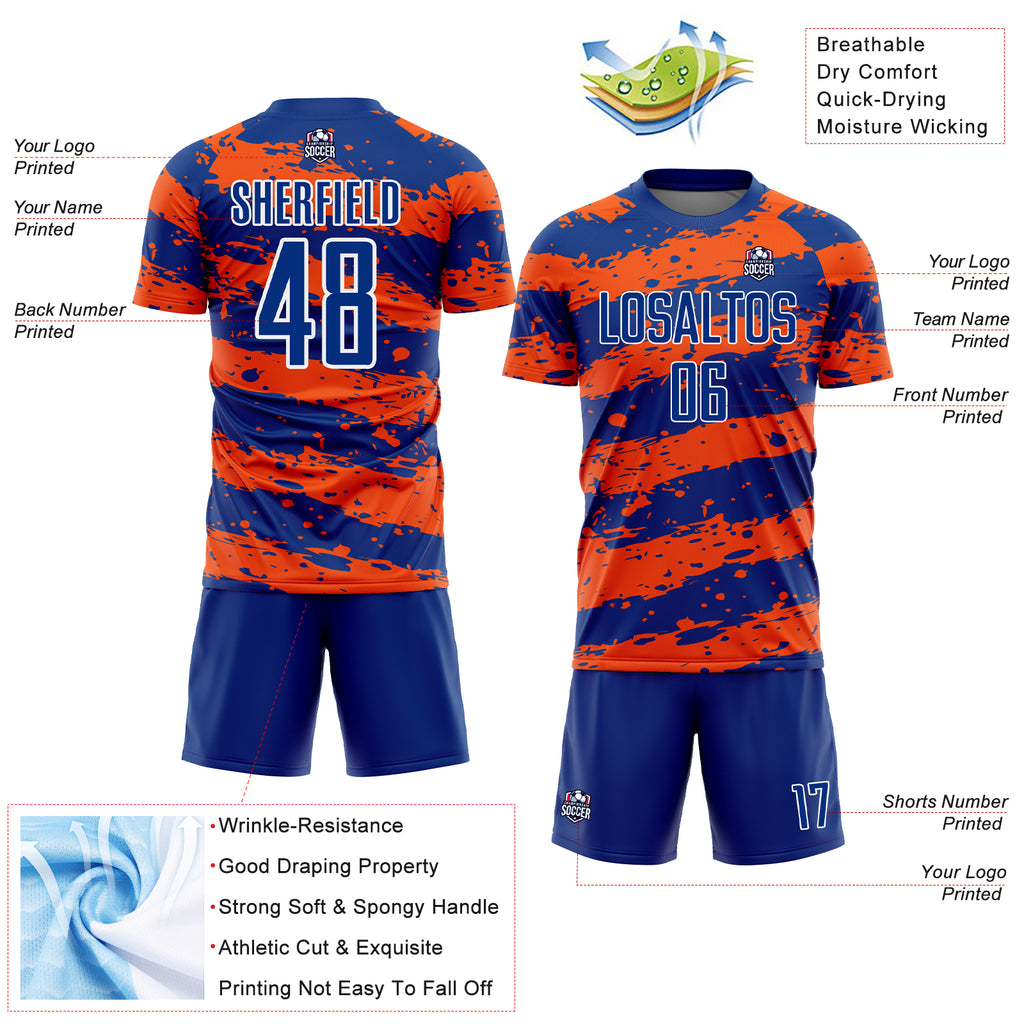 Custom Royal Orange-White Splash Sublimation Soccer Uniform Jersey