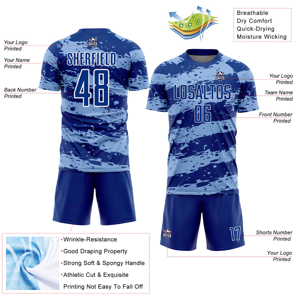 Custom Royal Light Blue-White Splash Sublimation Soccer Uniform Jersey