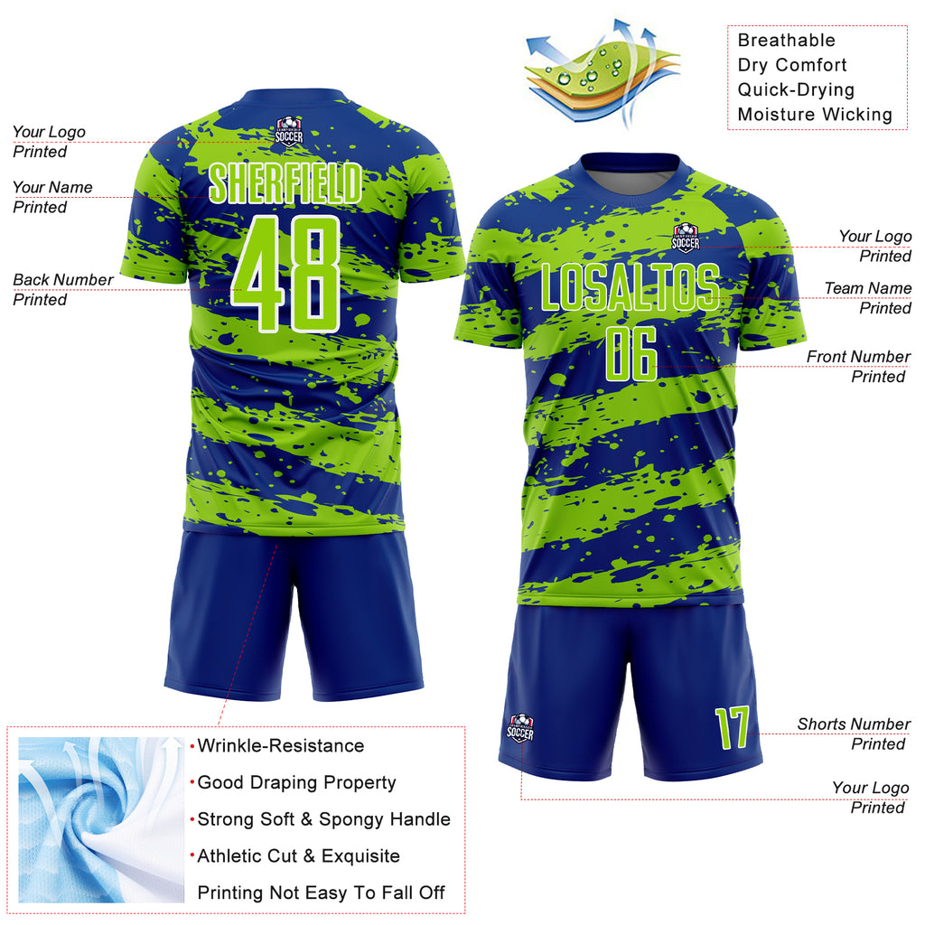 Custom Royal Neon Green-White Splash Sublimation Soccer Uniform Jersey