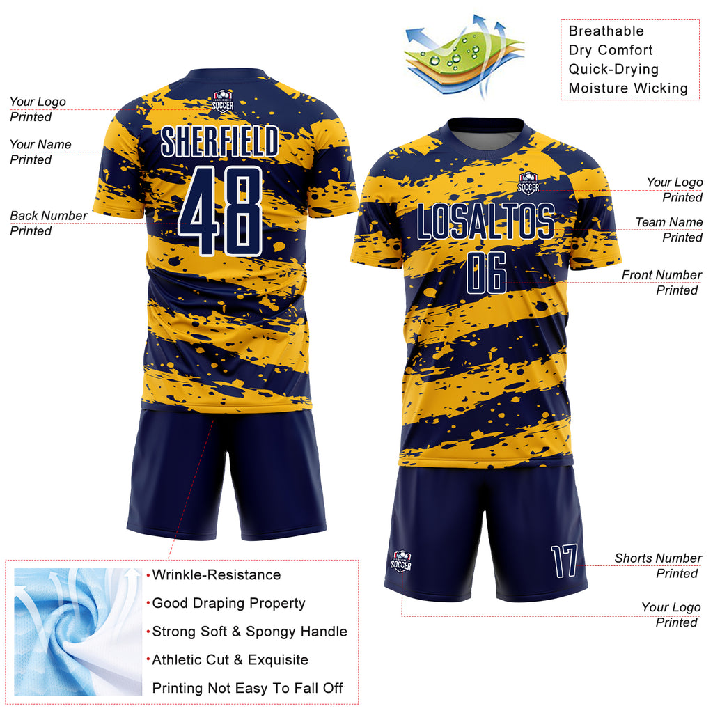 Custom Navy Gold-White Splash Sublimation Soccer Uniform Jersey