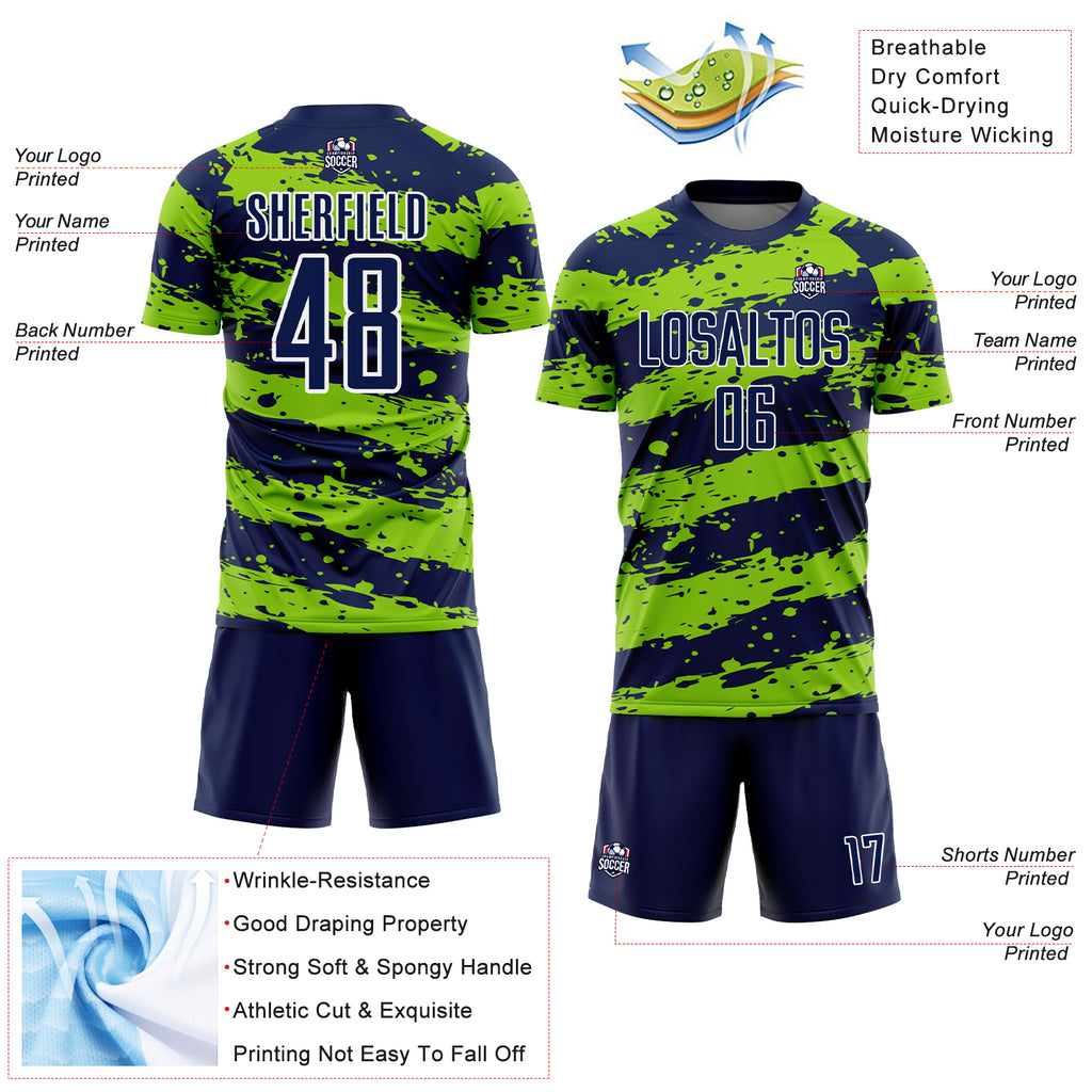 Custom Navy Neon Green-White Splash Sublimation Soccer Uniform Jersey