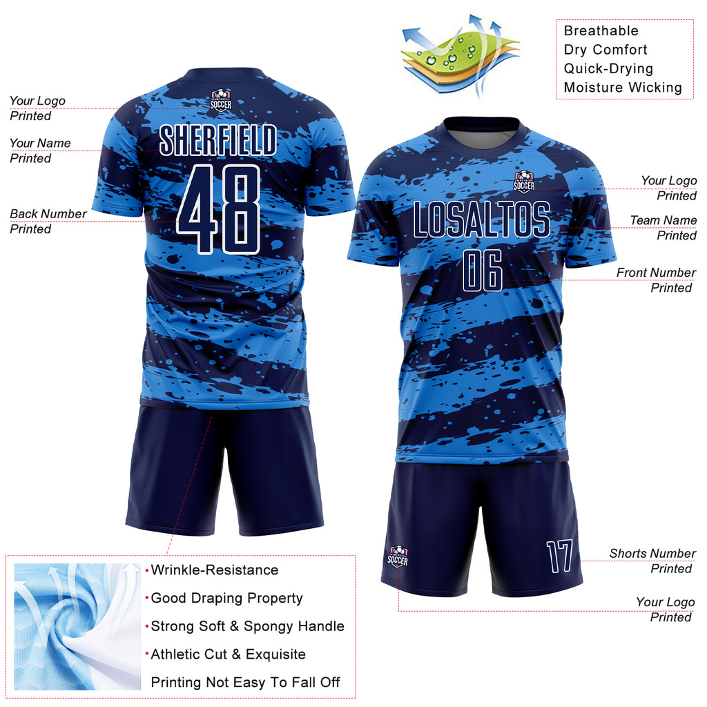 Custom Navy Powder Blue-White Splash Sublimation Soccer Uniform Jersey