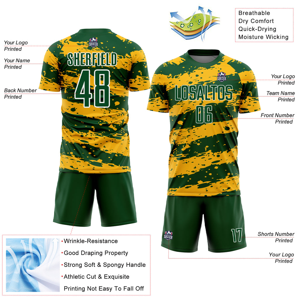 Custom Green Gold-White Splash Sublimation Soccer Uniform Jersey