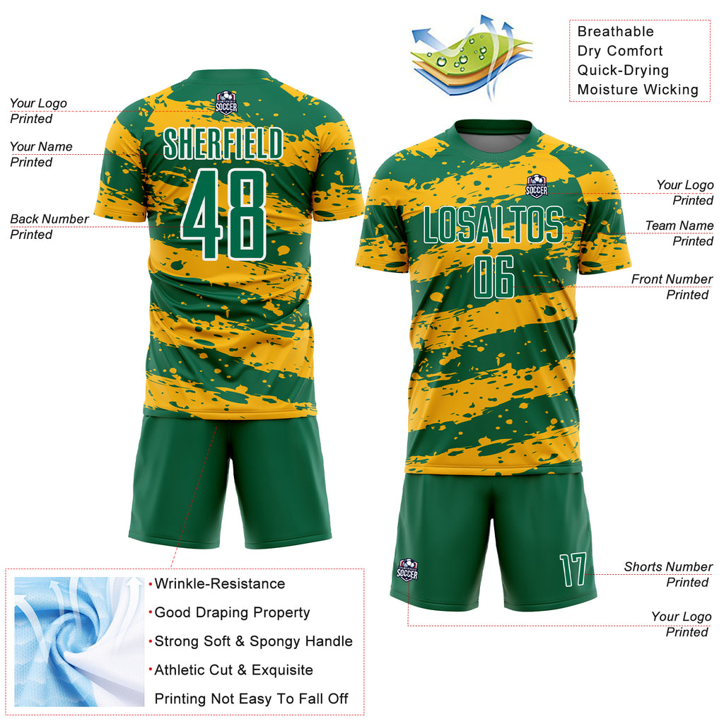 Custom Kelly Green Gold-White Splash Sublimation Soccer Uniform Jersey