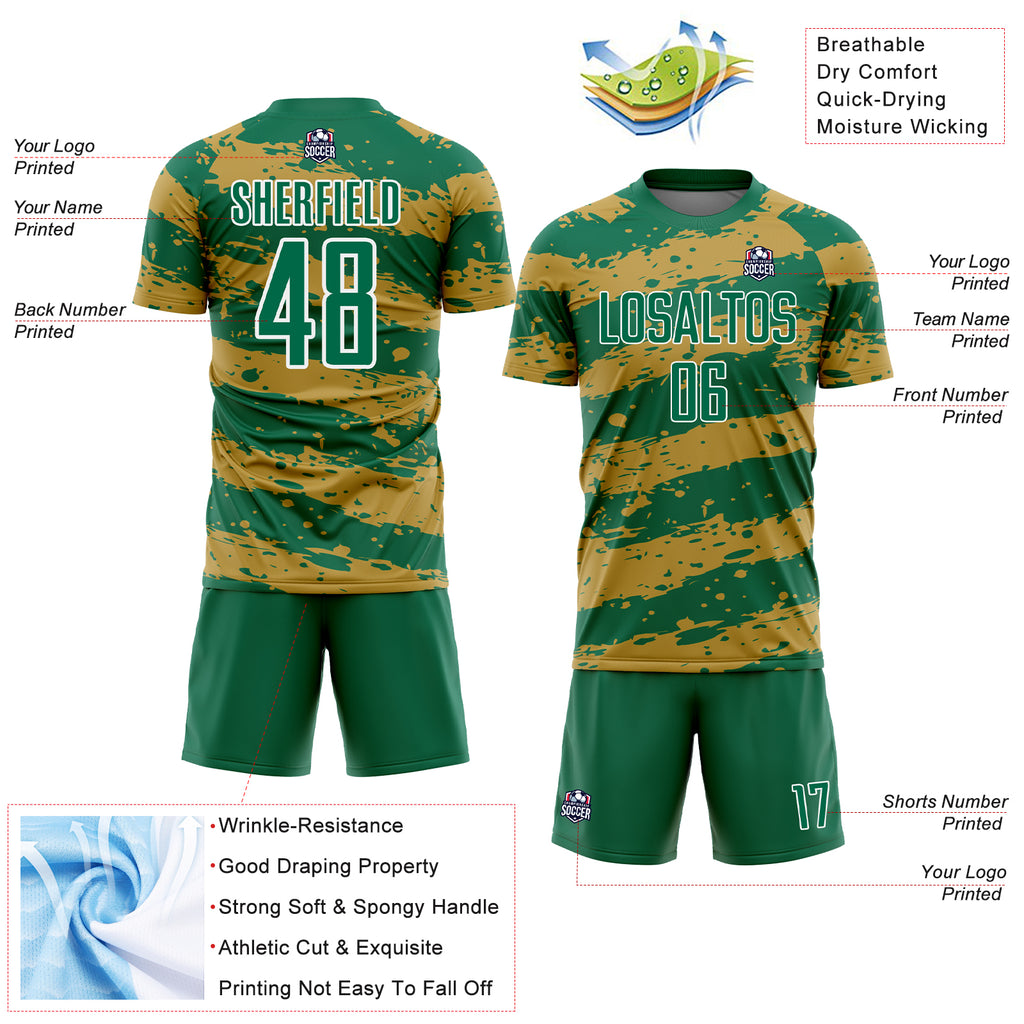 Custom Kelly Green Old Gold-White Splash Sublimation Soccer Uniform Jersey