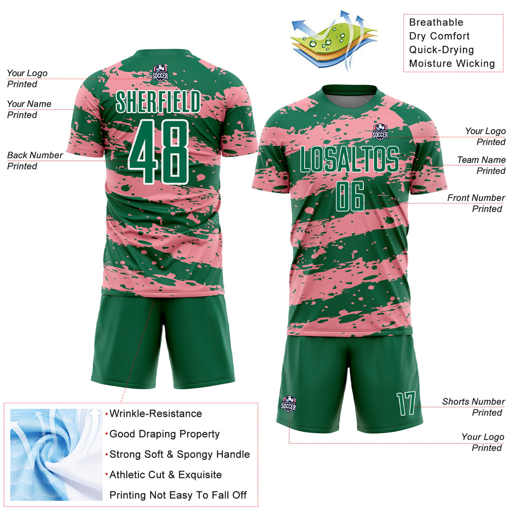 Custom Kelly Green Medium Pink-White Splash Sublimation Soccer Uniform Jersey