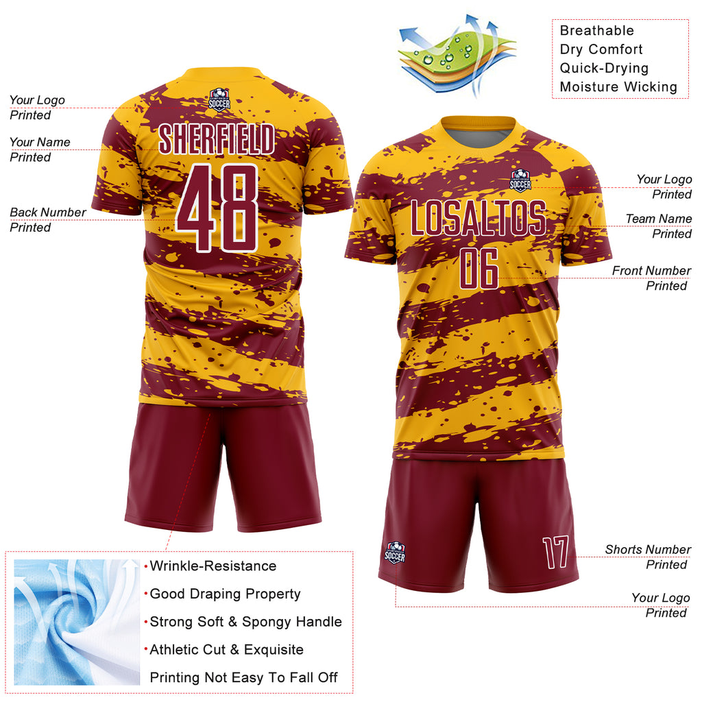 Custom Gold Crimson-White Splash Sublimation Soccer Uniform Jersey