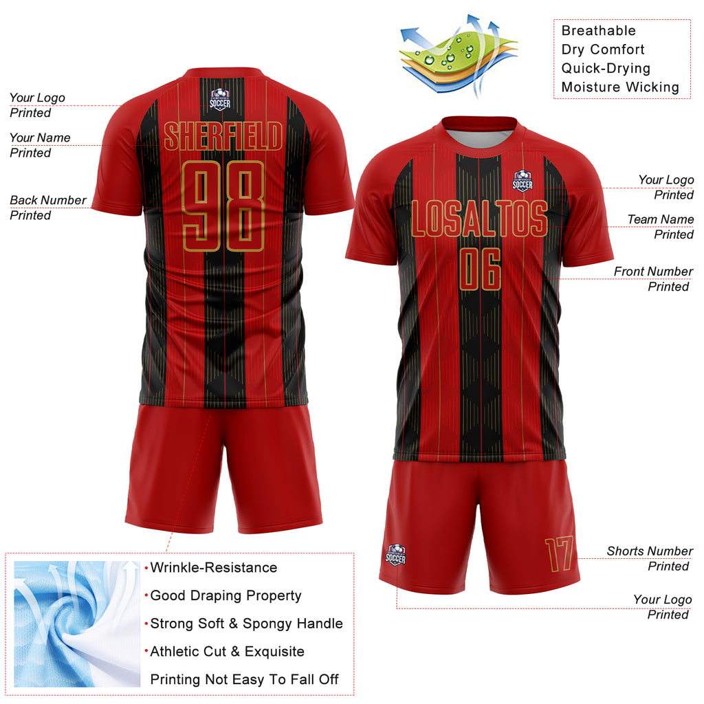 Custom Red Old Gold-Black Line Sublimation Soccer Uniform Jersey