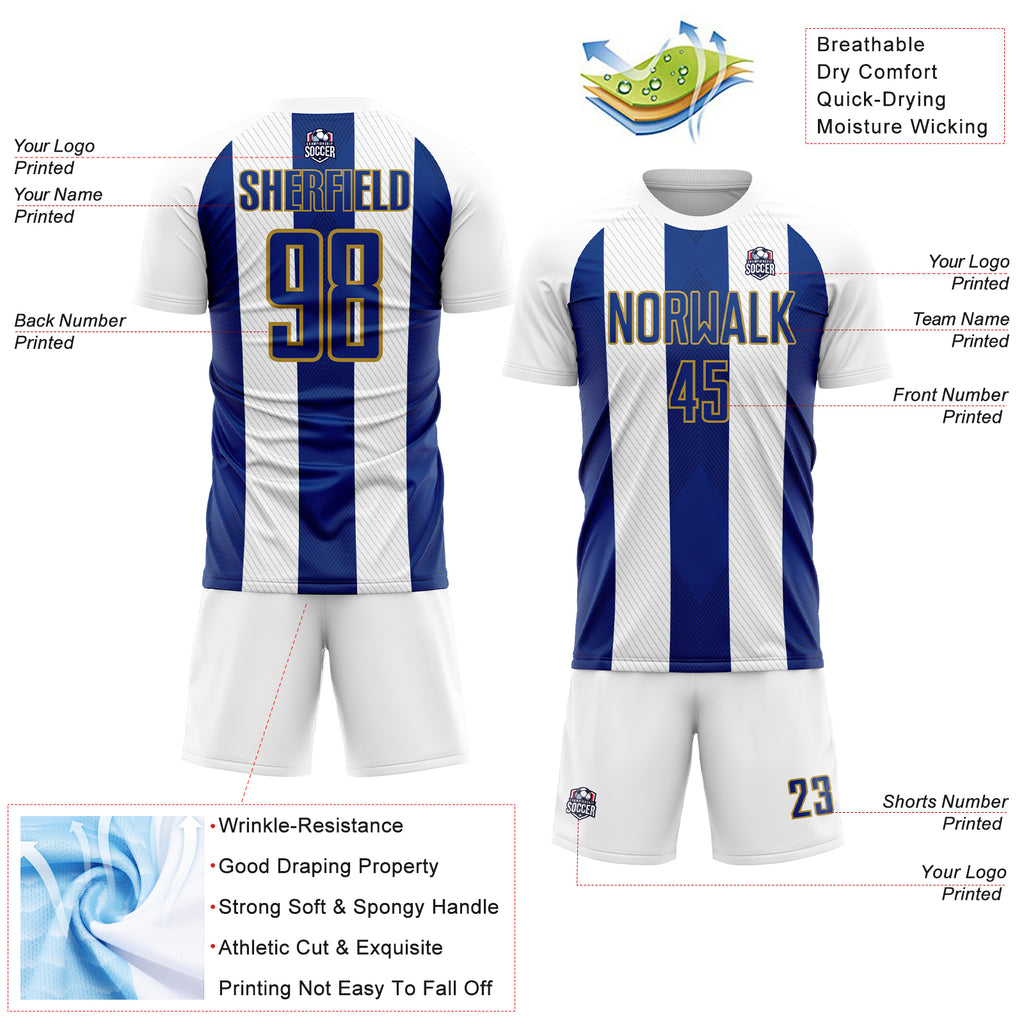 Custom White Royal-Old Gold Line Sublimation Soccer Uniform Jersey