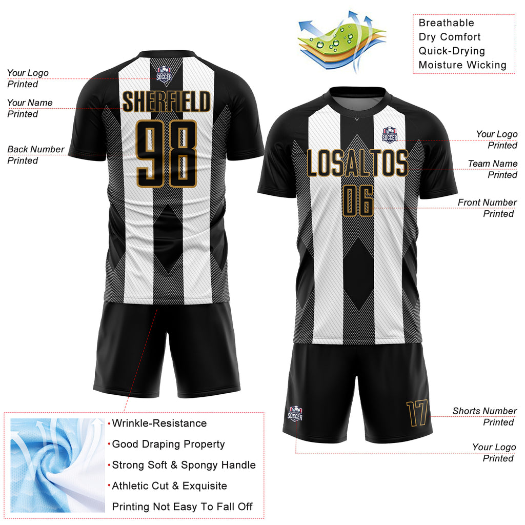 Custom Black Old Gold-White Line Sublimation Soccer Uniform Jersey