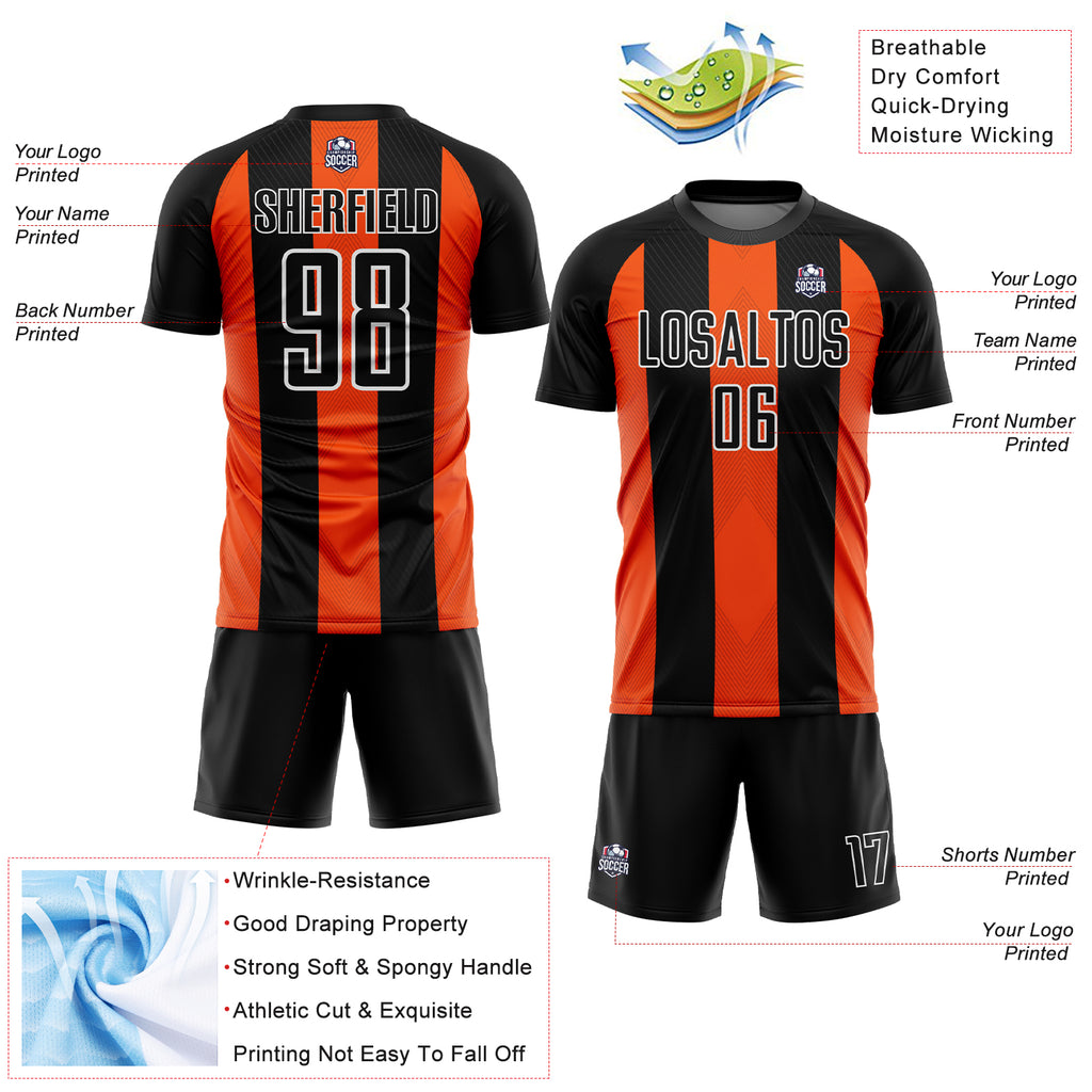 Custom Black Orange-White Line Sublimation Soccer Uniform Jersey