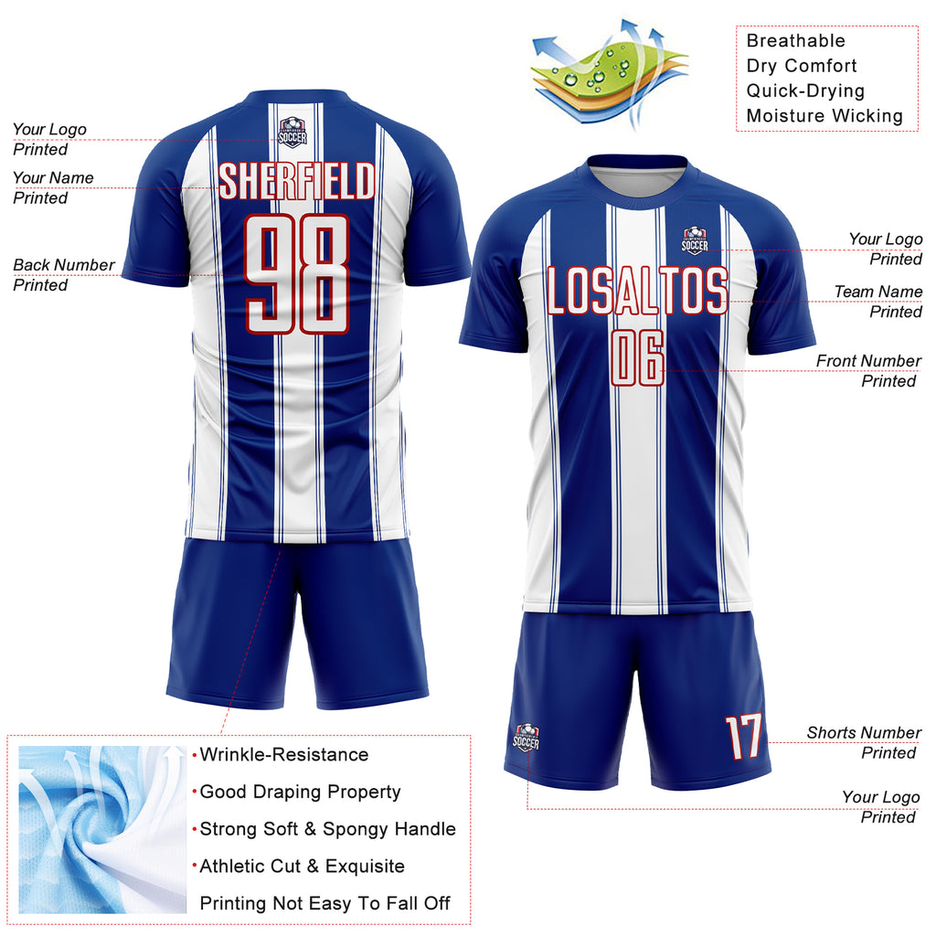 Custom Royal White-Red Line Sublimation Soccer Uniform Jersey