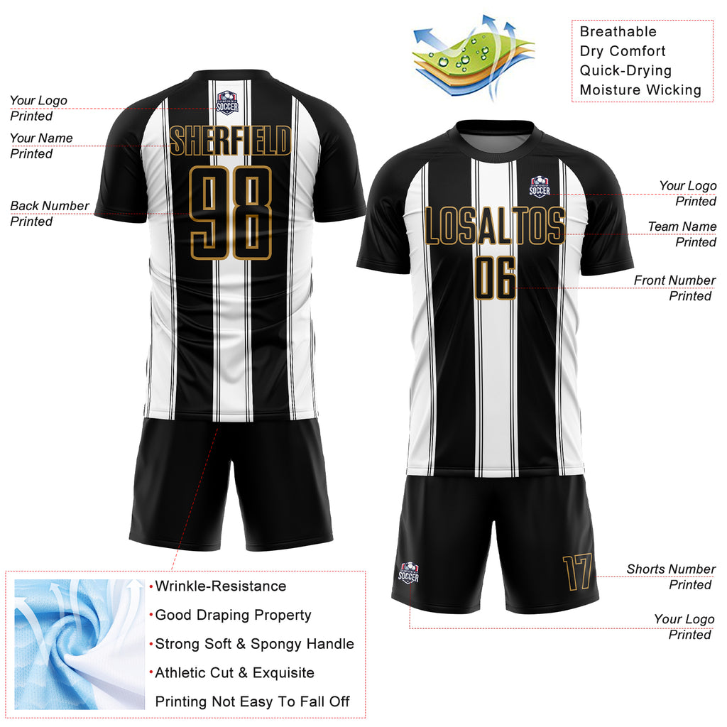 Custom Black White-Old Gold Line Sublimation Soccer Uniform Jersey