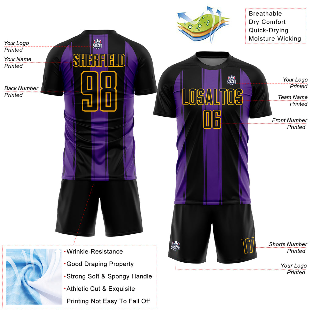 Custom Black Purple-Gold Line Sublimation Soccer Uniform Jersey