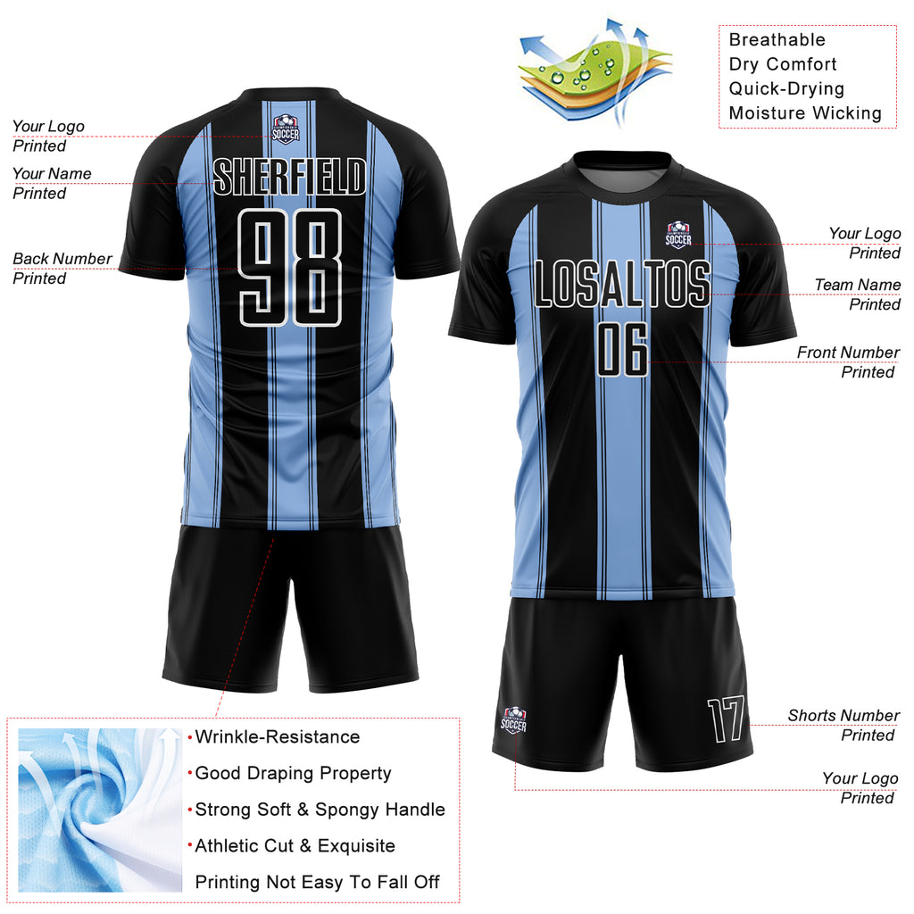 Custom Black Light Blue-White Line Sublimation Soccer Uniform Jersey