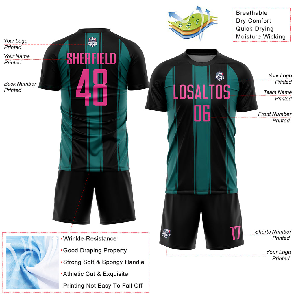 Custom Black Pink-Teal Line Sublimation Soccer Uniform Jersey