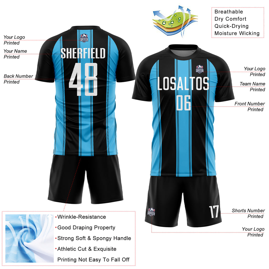 Custom Black White-Sky Blue Line Sublimation Soccer Uniform Jersey