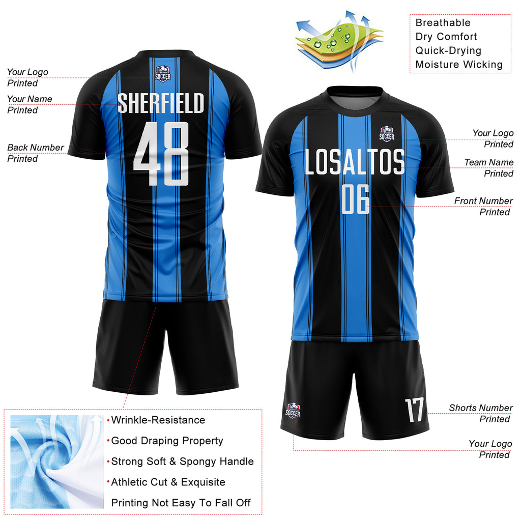 Custom Black White-Powder Blue Line Sublimation Soccer Uniform Jersey