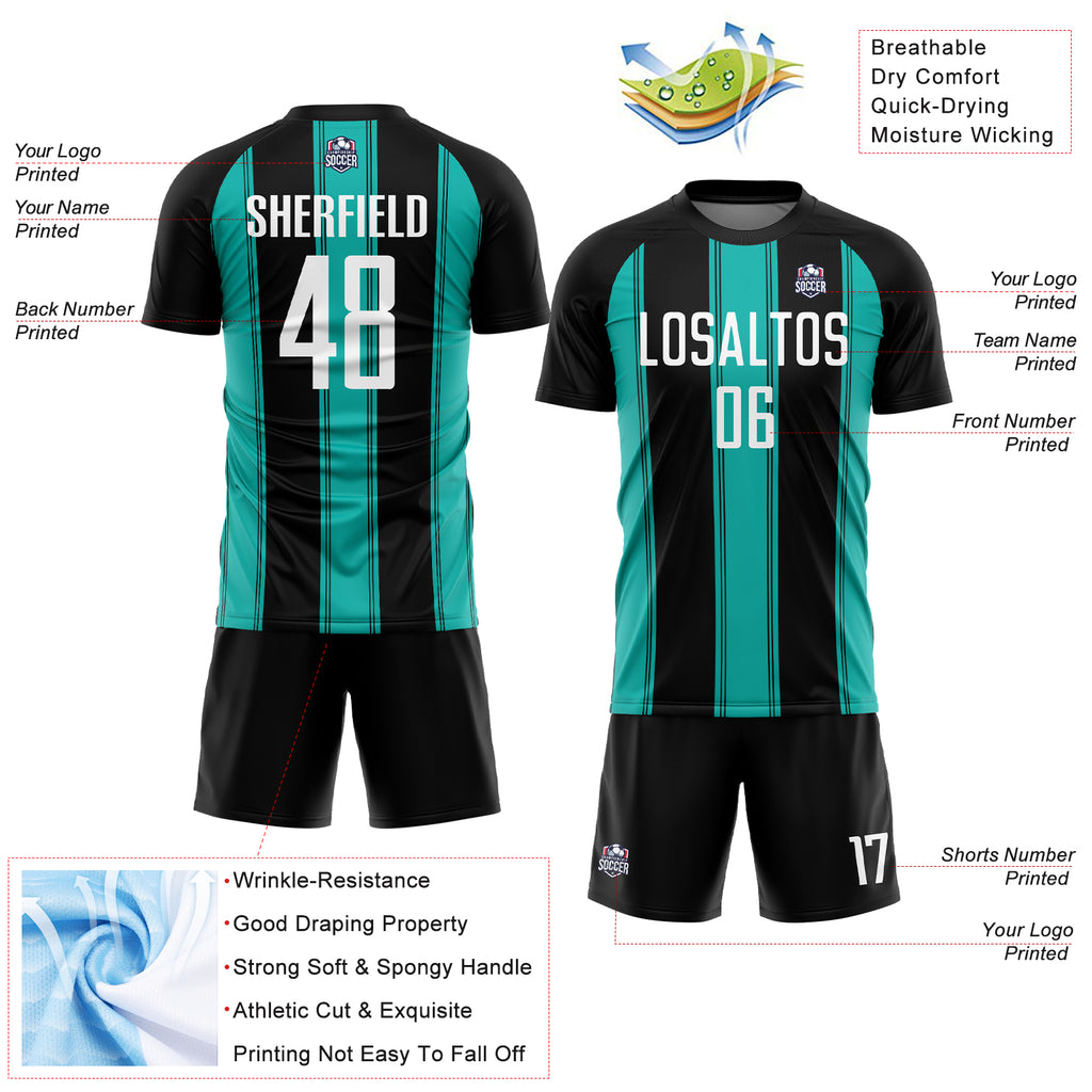 Custom Black White-Aqua Line Sublimation Soccer Uniform Jersey