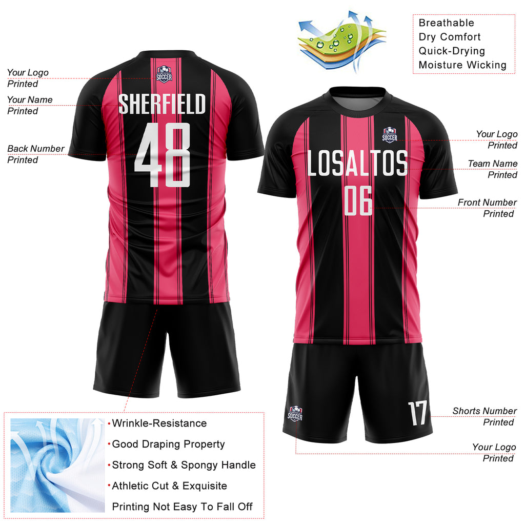 Custom Black White-Neon Pink Line Sublimation Soccer Uniform Jersey