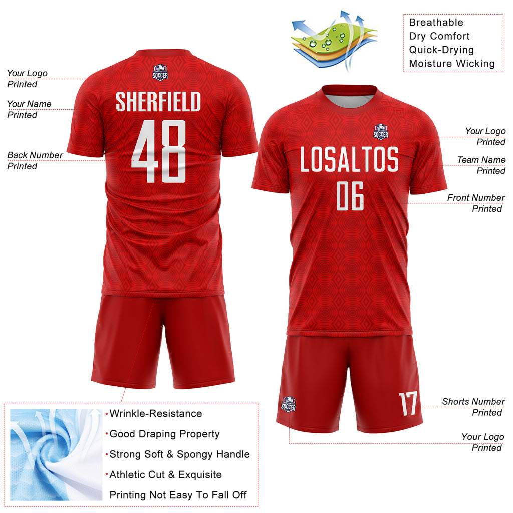 Custom Red White Geometric Shapes Sublimation Soccer Uniform Jersey