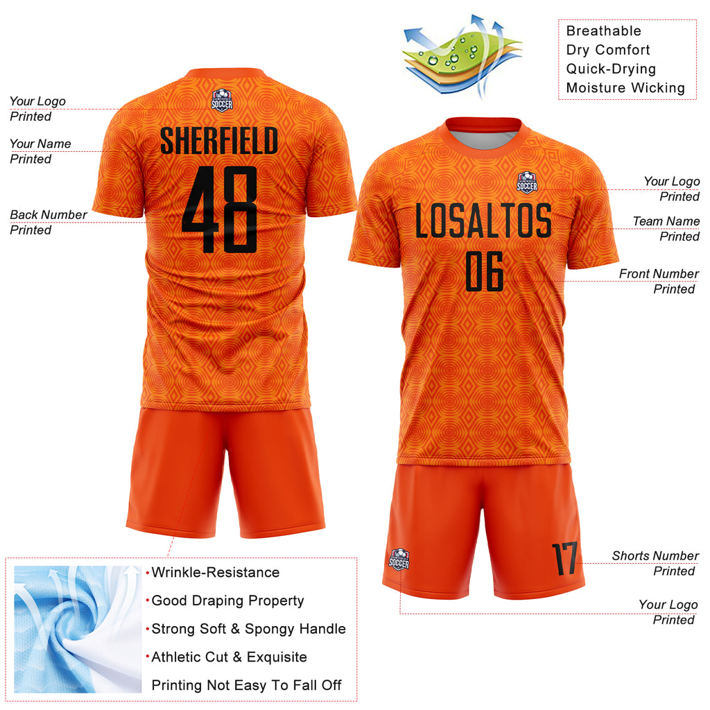 Custom Orange Black-Bay Orange Geometric Shapes Sublimation Soccer Uniform Jersey