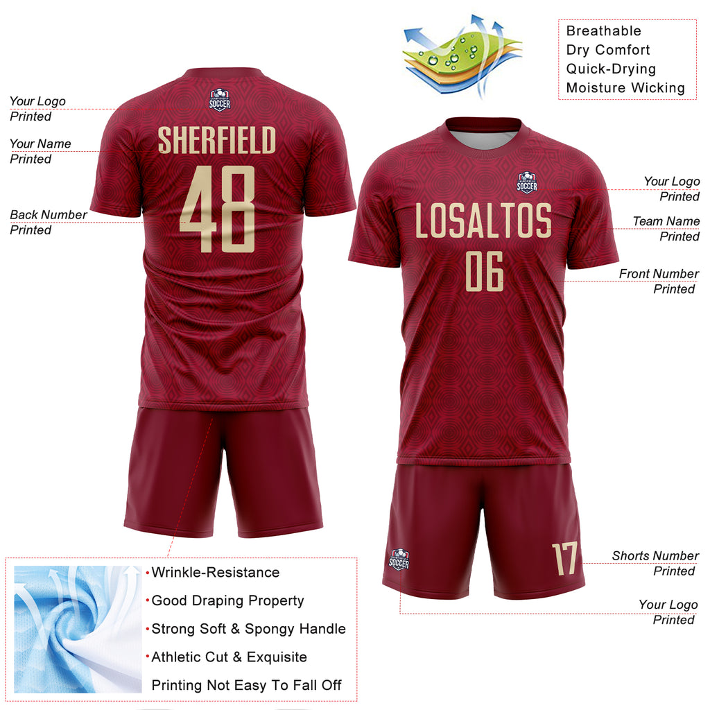 Custom Crimson Cream Geometric Shapes Sublimation Soccer Uniform Jersey