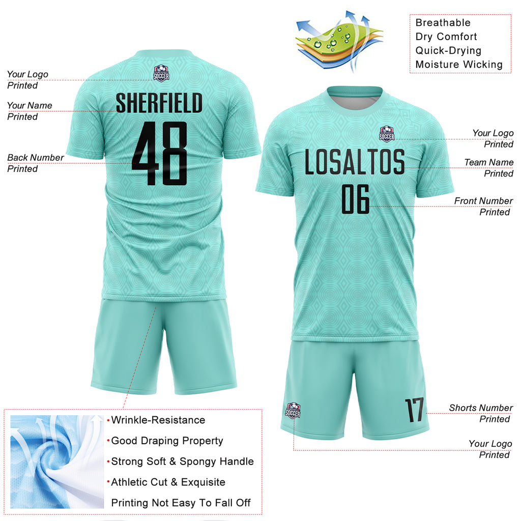 Custom Ice Blue Black Geometric Shapes Sublimation Soccer Uniform Jersey