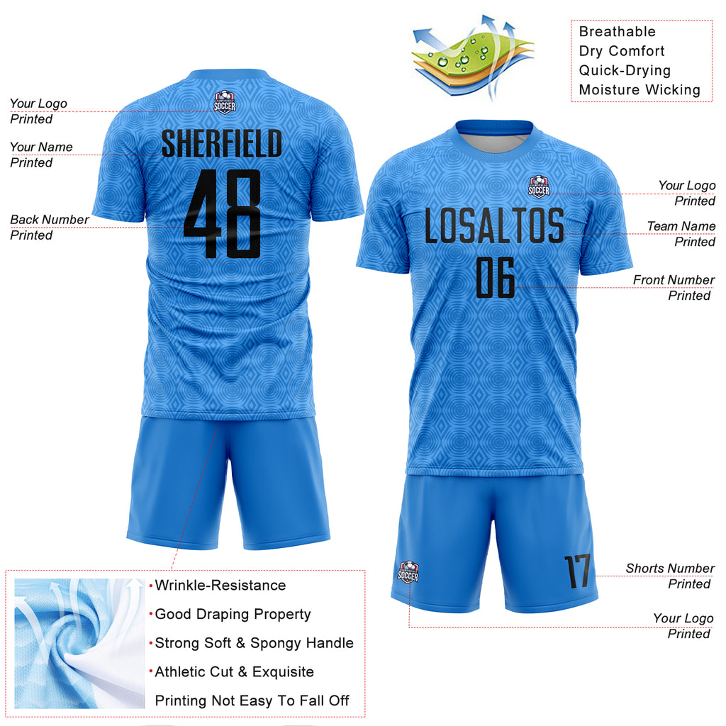 Custom Powder Blue Black Geometric Shapes Sublimation Soccer Uniform Jersey