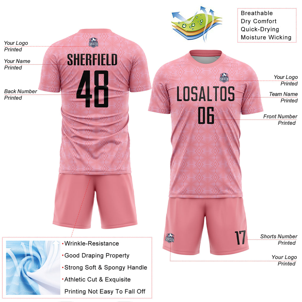 Custom Medium Pink Black-Light Pink Geometric Shapes Sublimation Soccer Uniform Jersey