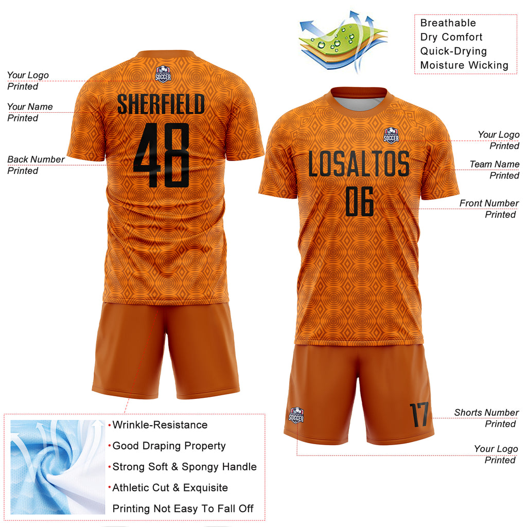 Custom Texas Orange Black-Bay Orange Geometric Shapes Sublimation Soccer Uniform Jersey